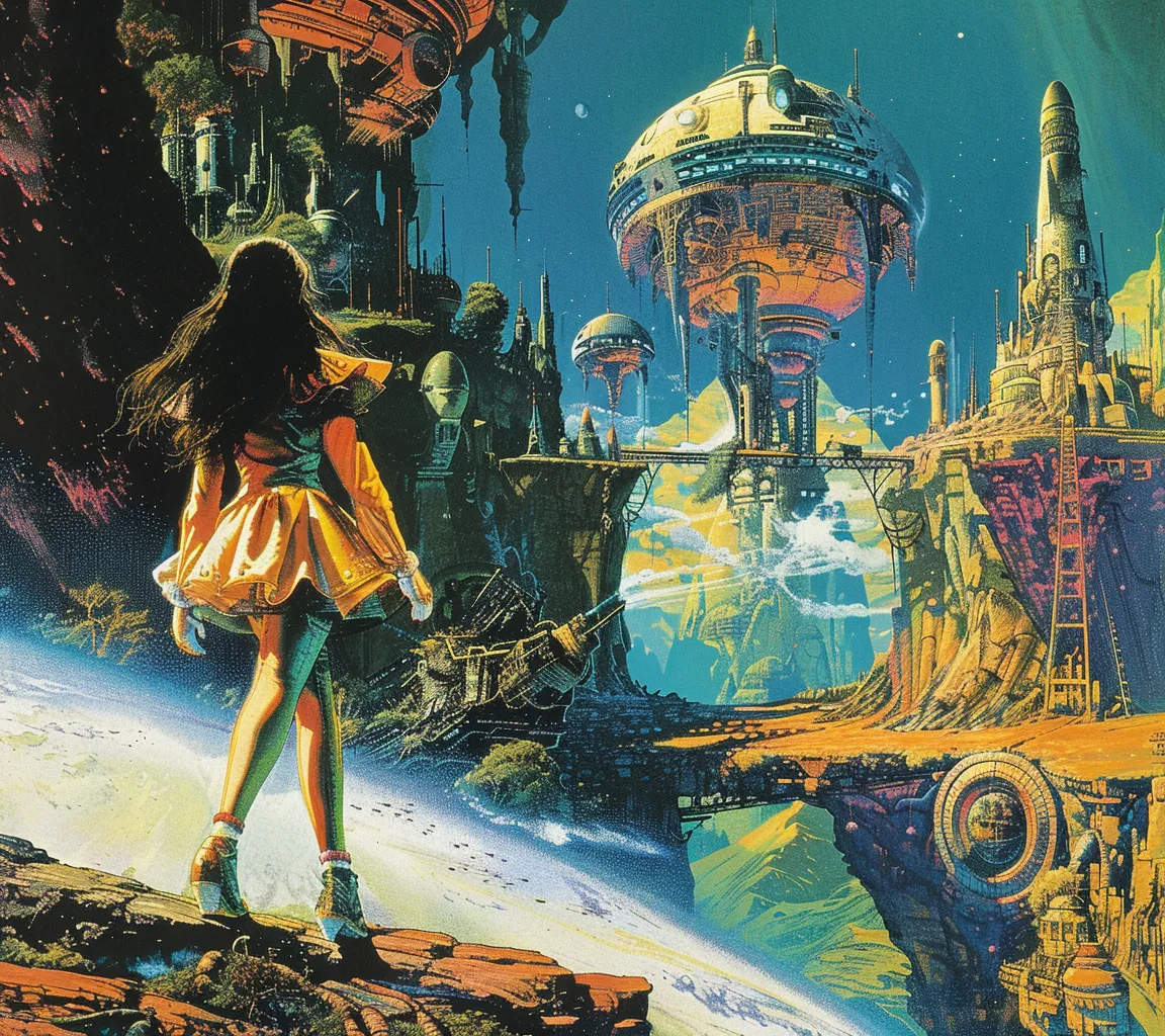 Mujer de cabello oscuro y vestido naranja de pie sobre un peñasco, mirando hacia una ciudad futurista con cúpulas y torres, con la curva de un planeta visible bajo sus pies, en tonos dorados y verdes.