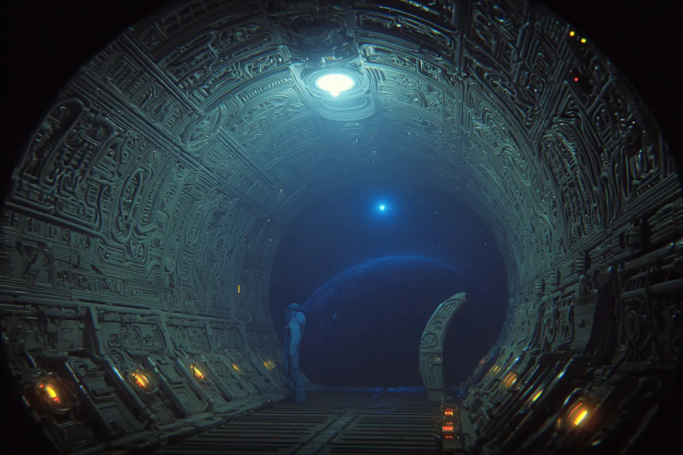 Interior de un túnel curvo y ornamentado con relieves tallados y luces doradas, iluminado con luz cálida, con una persona de pie al fondo cerca de una abertura ovalada donde se ve un punto de luz azul.