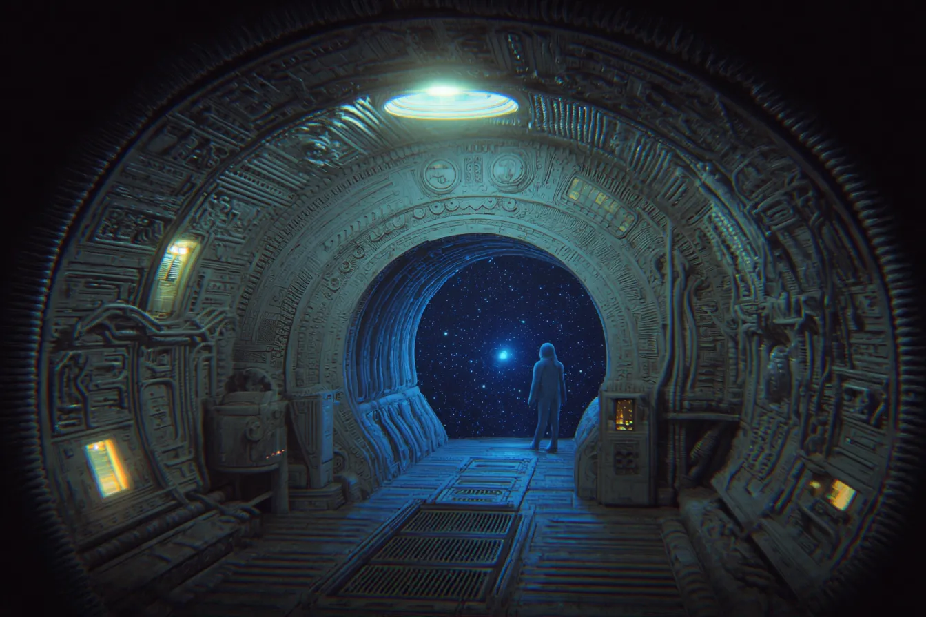 Interior de un túnel curvo con relieves tallados, iluminado en tonos azules, con una silueta de pie al fondo cerca de una abertura circular muy iluminada.