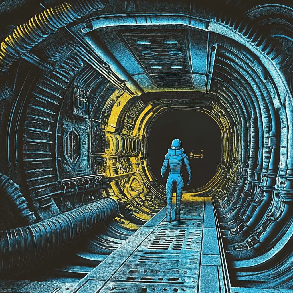 Persona con traje espacial azul caminando por una pasarela dentro de un túnel metálico acanalado, iluminado en tonos azules con paneles amarillos brillantes a los lados, hacia una abertura oscura al fondo.