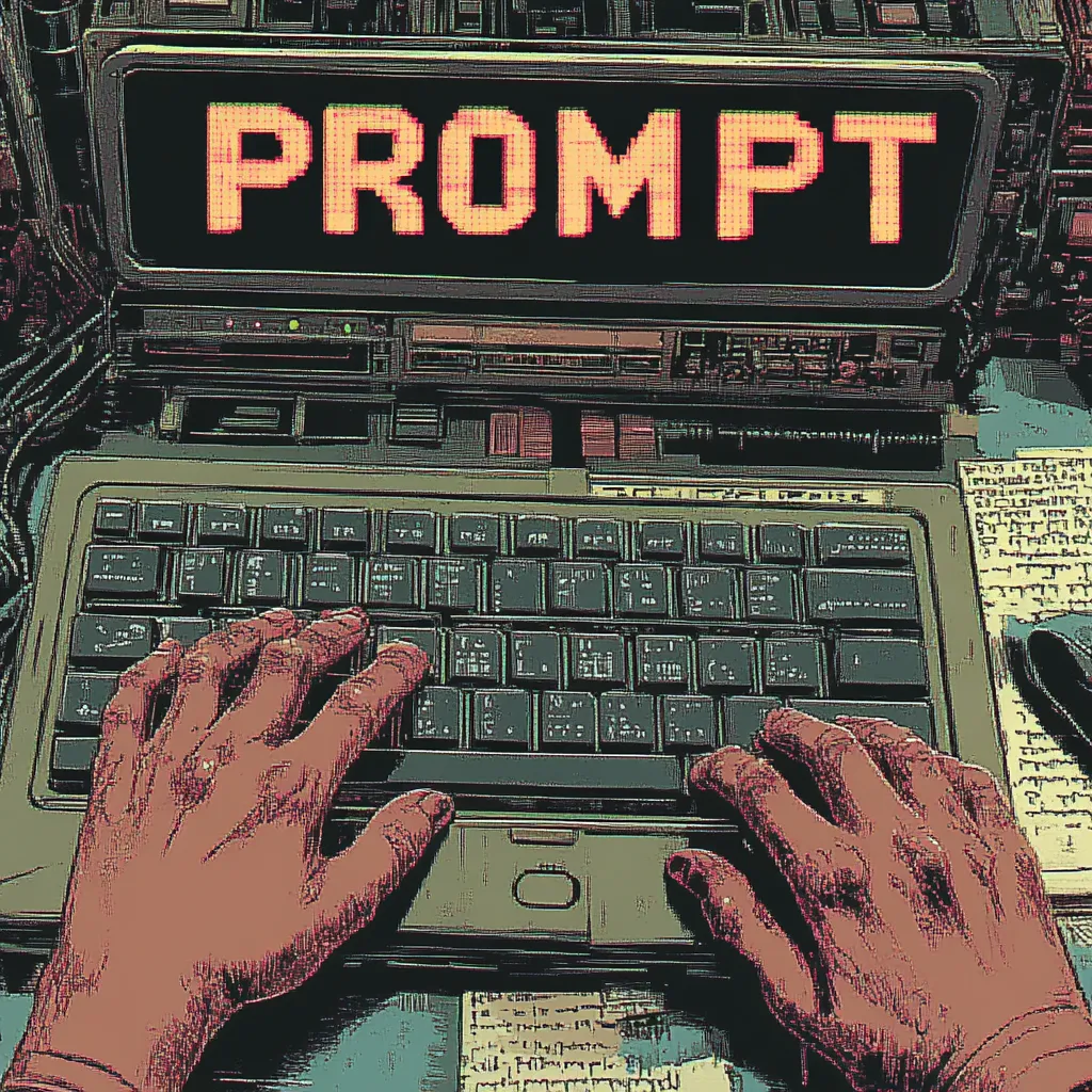 Ilustración de estilo cómic con dos manos escribiendo en un teclado antiguo, frente a una pantalla que muestra la palabra PROMPT en letras pixeladas anaranjadas, con hojas de papel con anotaciones a un lado, en tonos verdes y ocres.