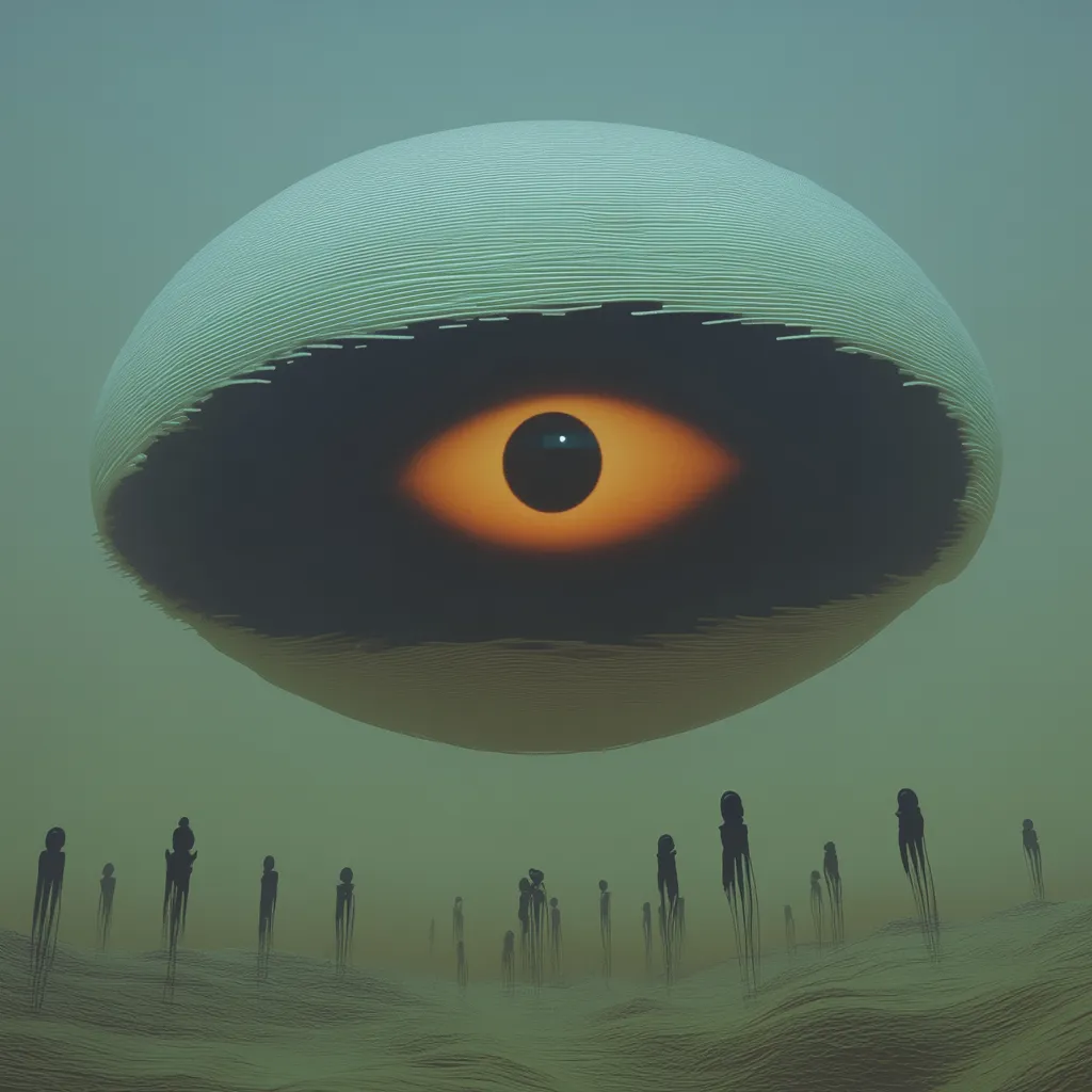 Forma ovalada gigante con un solo ojo naranja y negro flotando en un cielo brumoso, sobre un grupo de siluetas oscuras de pie en un terreno ondulado y desértico.