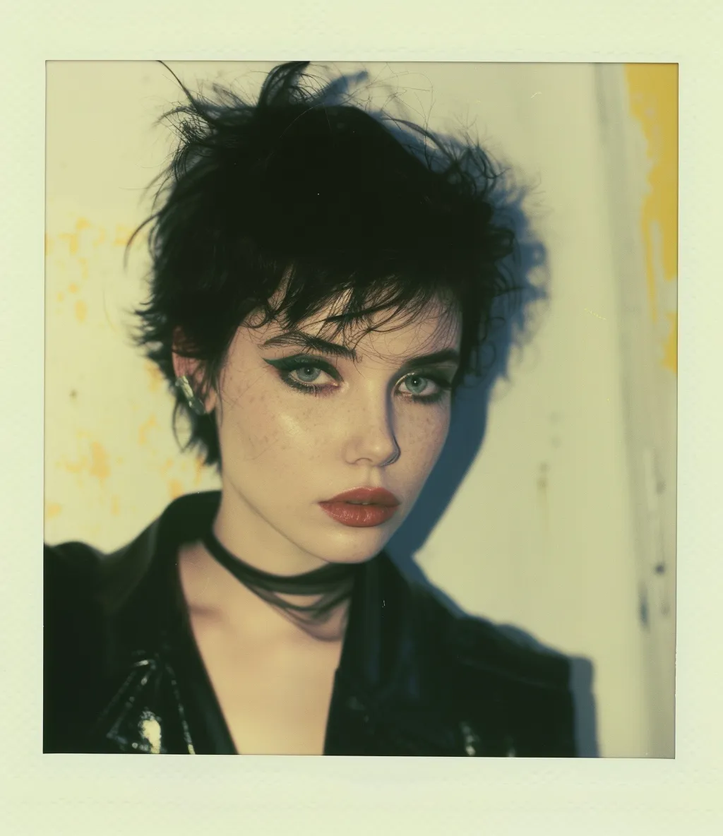 Retrato tipo polaroid de una mujer joven de cabello corto oscuro y despeinado, con delineado negro pronunciado, labios rojos, una prenda negra transparente al cuello y una chaqueta de cuero, sobre fondo amarillo cálido.