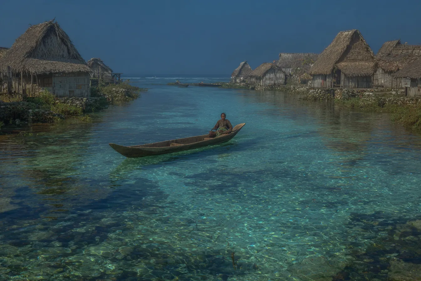 Un hombre rema en una canoa de madera por un canal de agua turquesa y transparente, entre casas de palafito con techos de paja, bajo un cielo azul despejado.