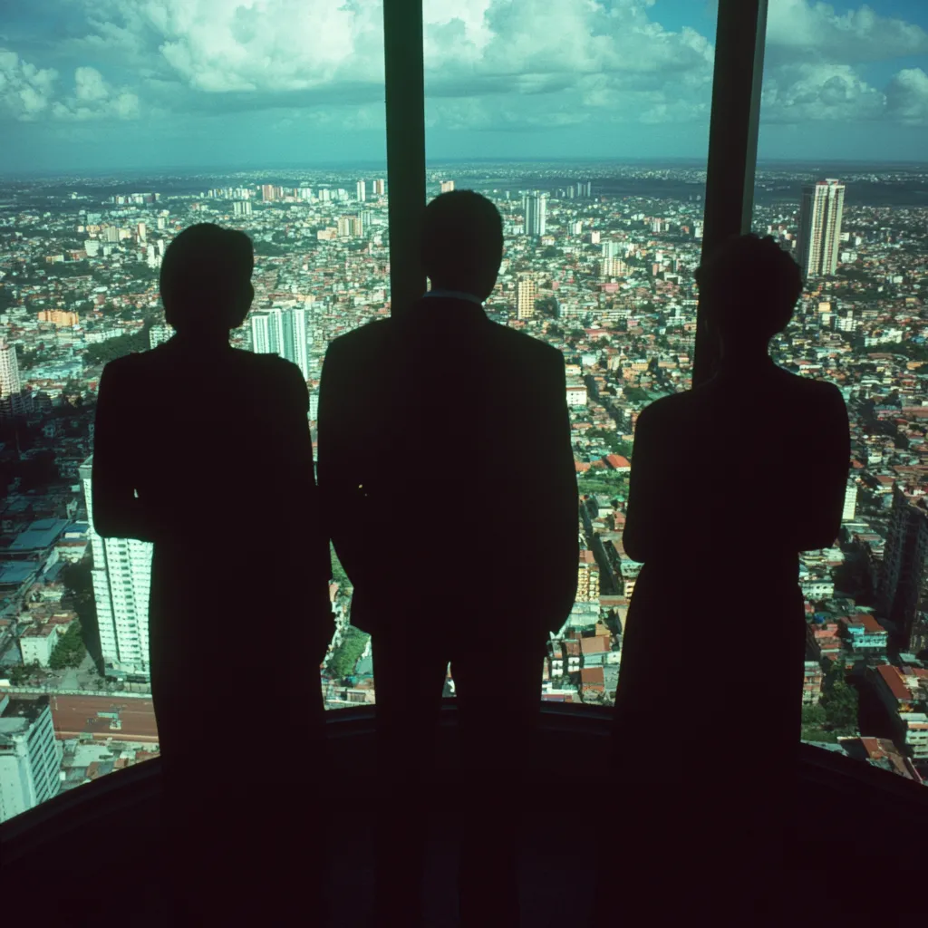 Tres personas en siluetas oscuras, vestidas de traje, de espaldas frente a un ventanal curvo con vista panorámica de una ciudad extensa, bajo un cielo con nubes, en tonos verdiazules.