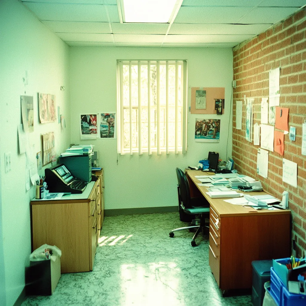 Oficina vacía con una pared de ladrillo cubierta de papeles a la derecha, un escritorio de madera con silla negra, ventana con persianas verticales y piso de terrazo verde.