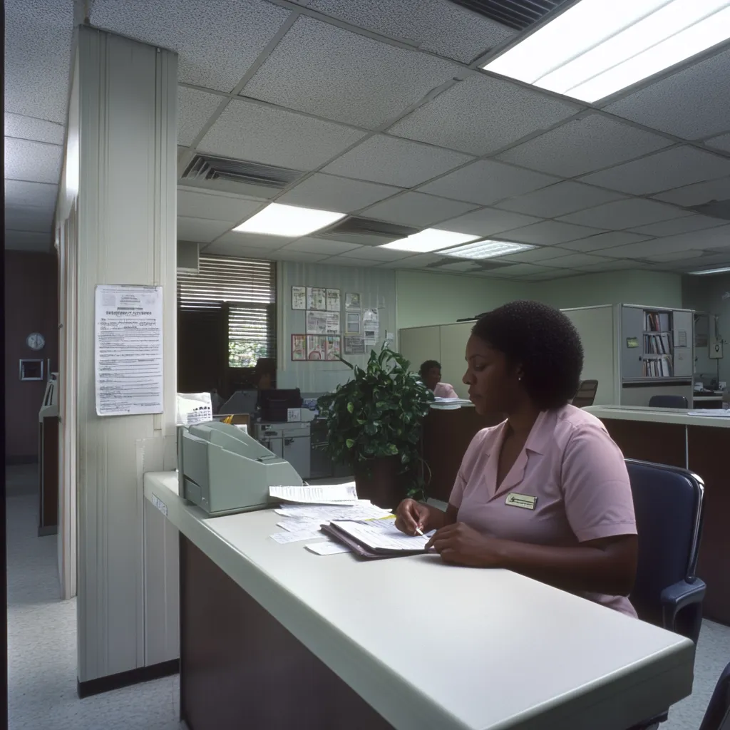 Una mujer con uniforme rosado está sentada detrás de un mostrador de recepción escribiendo en unos papeles, con una planta cerca y oficinas al fondo bajo luces fluorescentes.