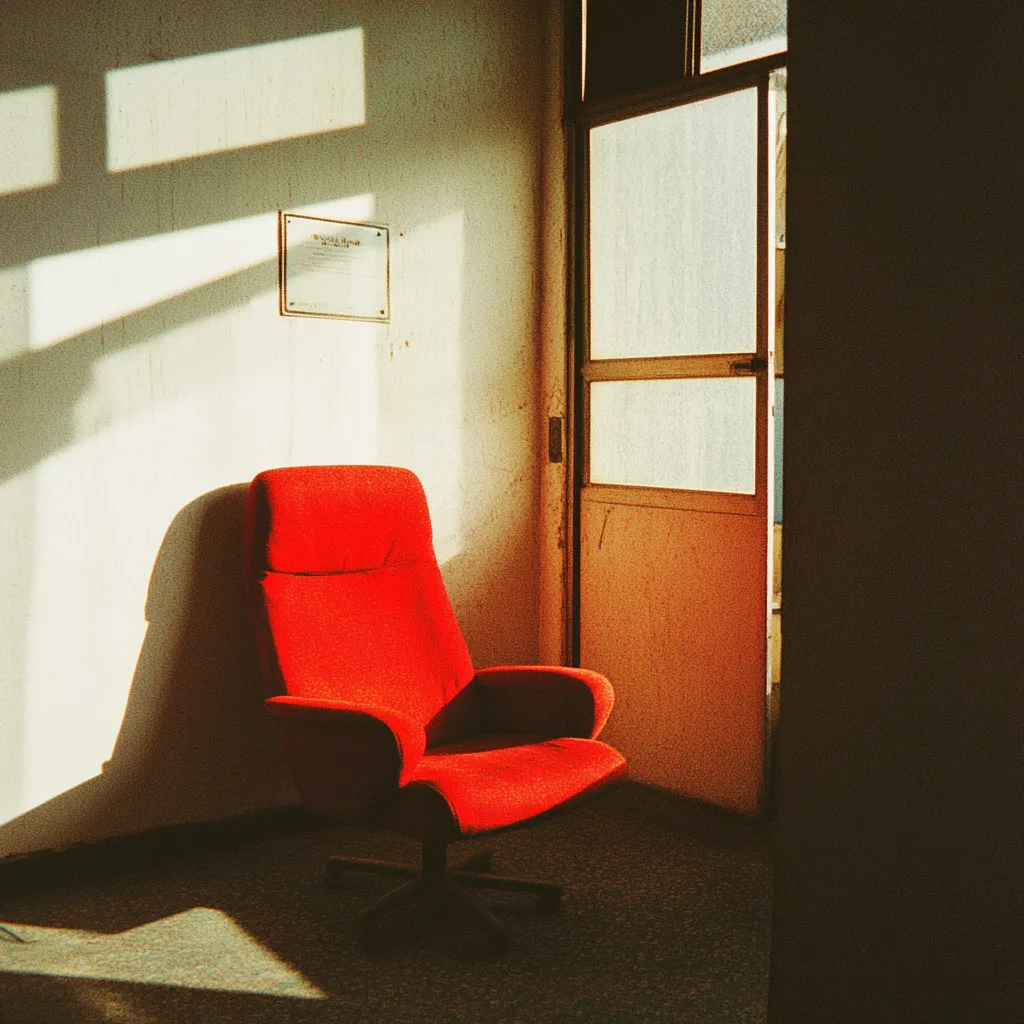 Un sillón de oficina rojo vacío en la esquina de un cuarto, iluminado por luz solar diagonal que entra por una puerta de vidrio, con un letrero pequeño en la pared junto a él.