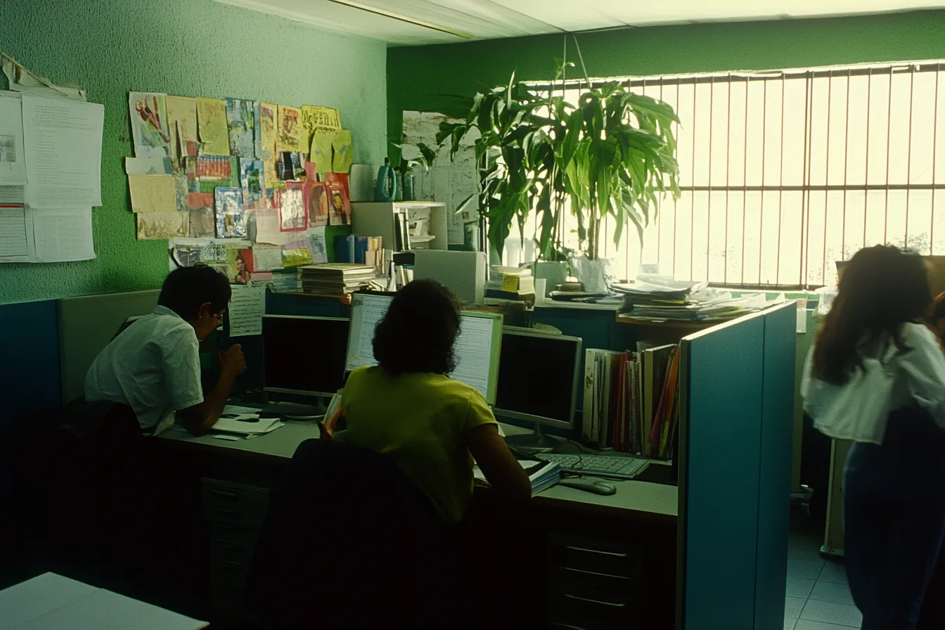 Oficina de paredes verdes con cubículos, dos personas sentadas frente a monitores de computadora y otra persona caminando al fondo, con una planta colgante sobre los escritorios y luz de ventana con rejas.