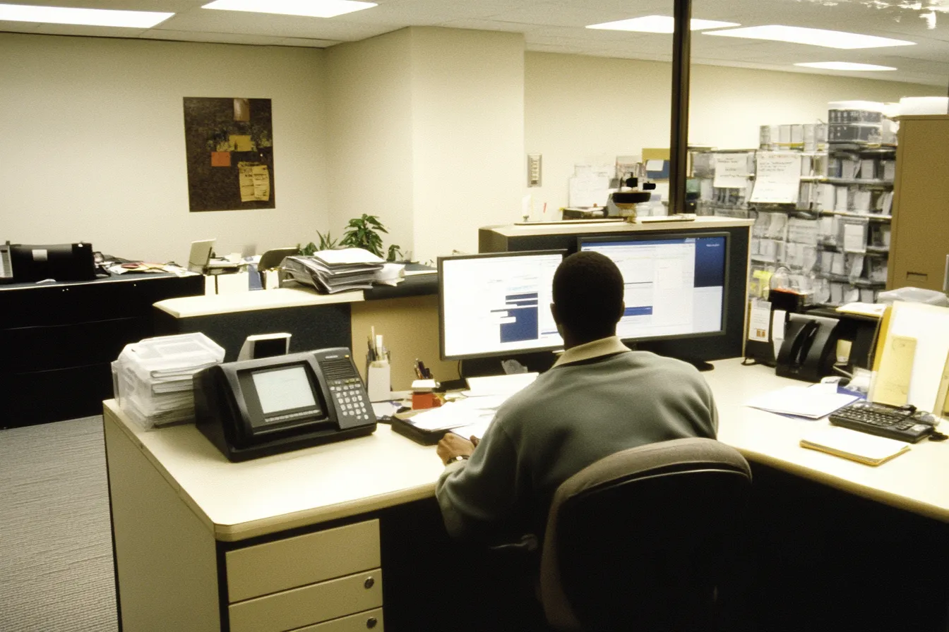 Un hombre con suéter gris está sentado de espaldas frente a dos monitores de computadora en un escritorio de oficina, rodeado de estantes con archivos y carpetas.