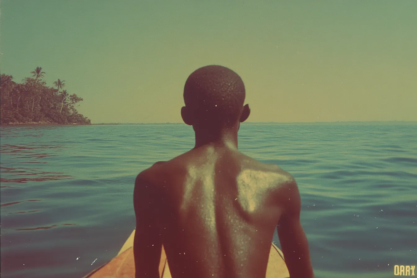 Un hombre visto de espaldas, sin camisa, está sentado en la proa de una embarcación mirando hacia el mar abierto, con una isla de palmeras a lo lejos bajo un cielo despejado.