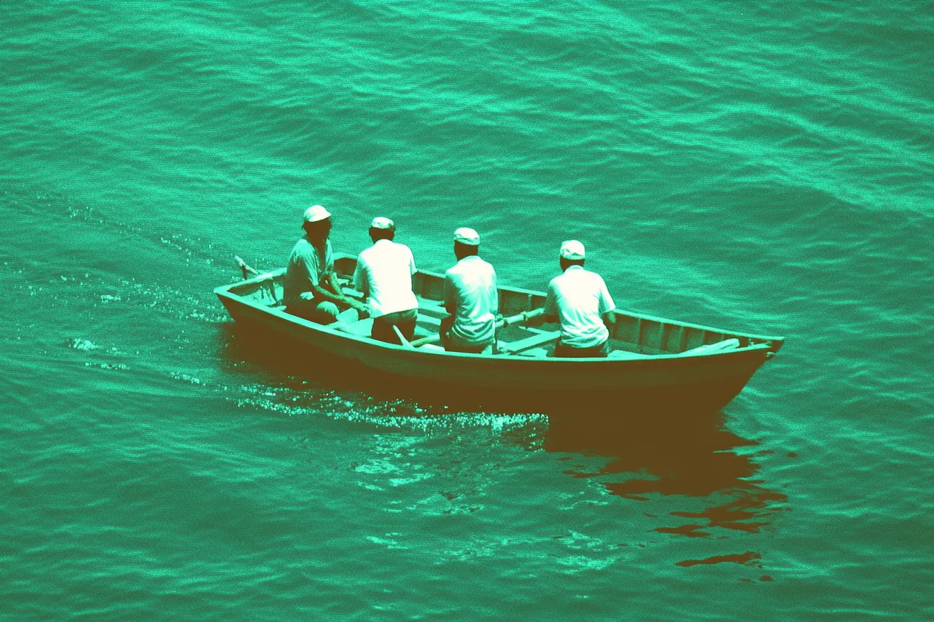 Vista aérea de un bote de madera con cuatro hombres vestidos de blanco y gorras remando sobre un mar de color verde turquesa.