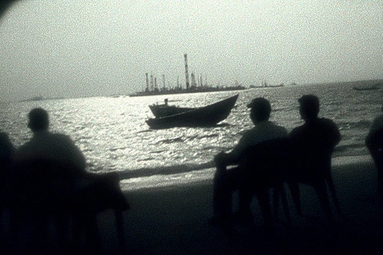 Fotografía en blanco y negro de personas en silueta sentadas de espaldas frente al mar, con un bote pequeño y torres industriales de una refinería en el horizonte.