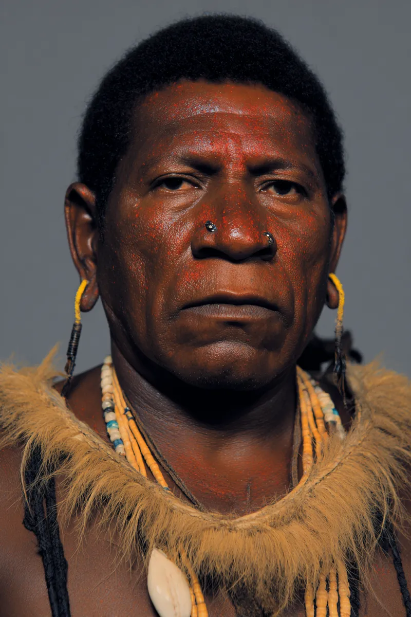 Retrato de un hombre con el rostro y el cuerpo pintados de rojo, aretes amarillos, un aro en el tabique nasal, collares de cuentas y un cuello de piel con un colgante blanco, sobre fondo gris.