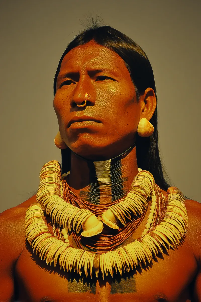 Retrato de un hombre con cabello largo y oscuro, aro en el tabique nasal, aretes de concha, rayas oscuras pintadas en el cuello y varios collares apilados de conchas blancas, sobre fondo claro.
