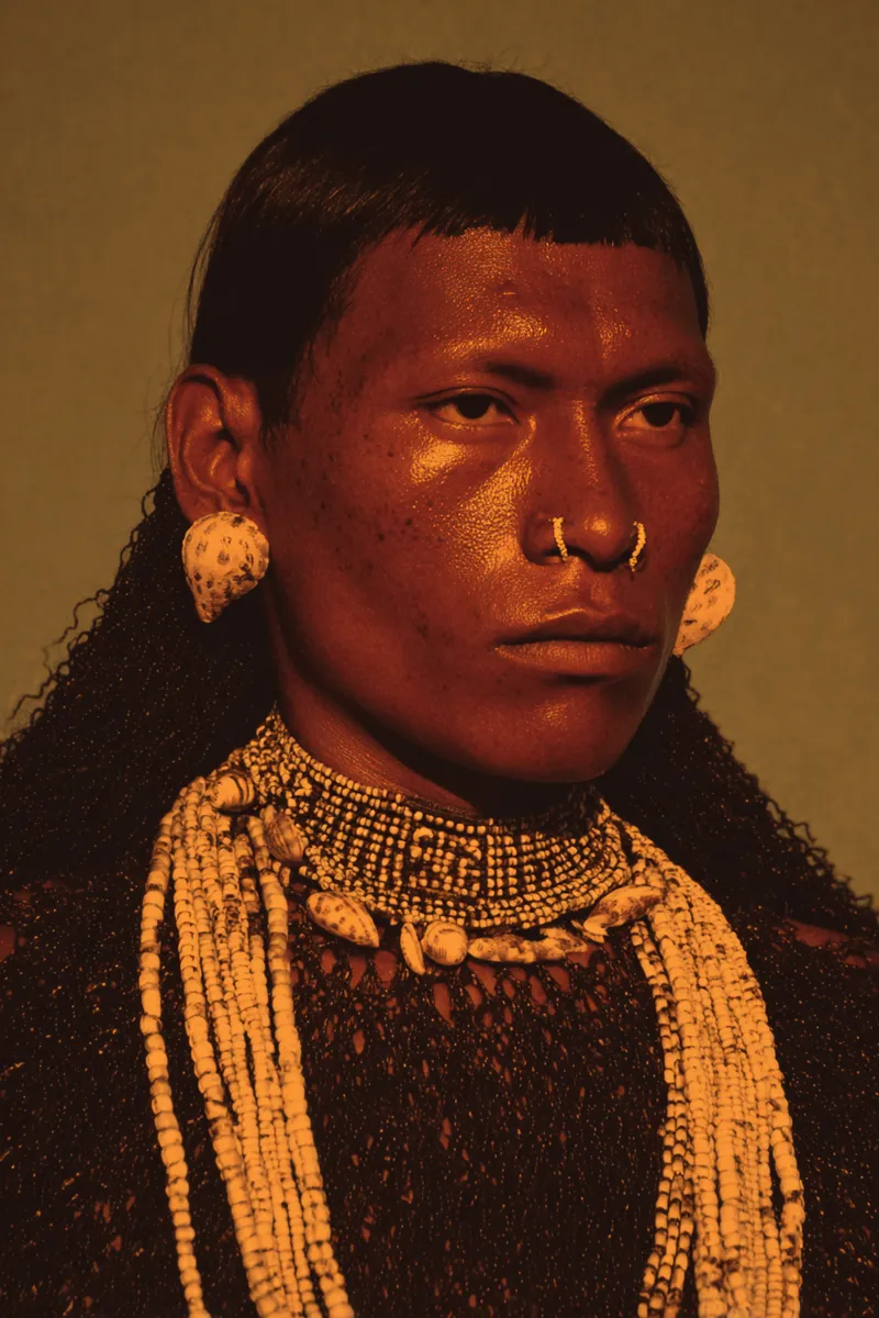 Retrato de un hombre con flequillo corto, dos aros atravesados en el tabique nasal, aretes de concha y collares de cuentas, bajo una luz cálida de tono naranja.