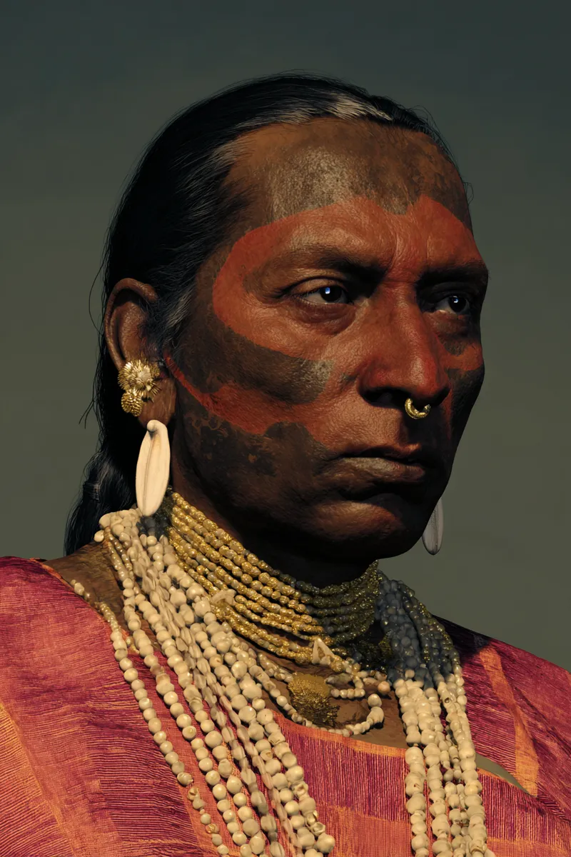 Retrato de perfil de un hombre con cabello oscuro y una mecha canosa, arete blanco ovalado, aro dorado en el tabique nasal, collares de cuentas y una tela roja bordada sobre un hombro, contra fondo oscuro.
