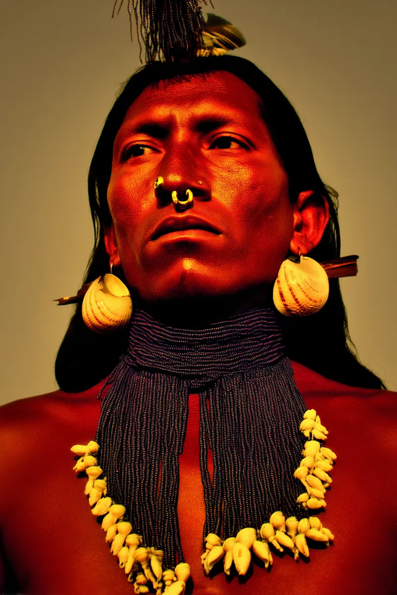 Retrato de un hombre con un adorno de pluma en la cabeza, aro dorado en el tabique nasal, aretes de concha y un collar largo de cuentas oscuras rematado en conchas, sobre fondo dorado.