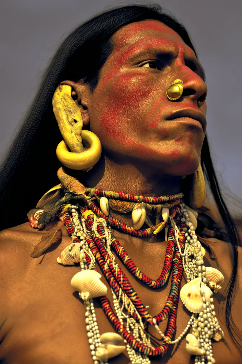 Retrato de un hombre con un arete de madera en forma de gancho, pintura roja en el rostro, aro dorado en el tabique nasal y varios collares de cuentas y conchas con plumas entre ellos.
