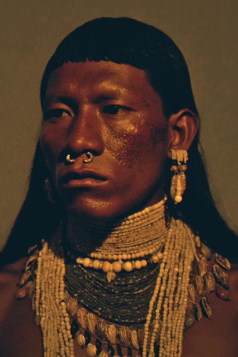 Retrato de un hombre con flequillo recto, dos aros dorados en el tabique nasal, aretes de concha colgantes y varios collares de cuentas y conchas superpuestos, en tono cálido.