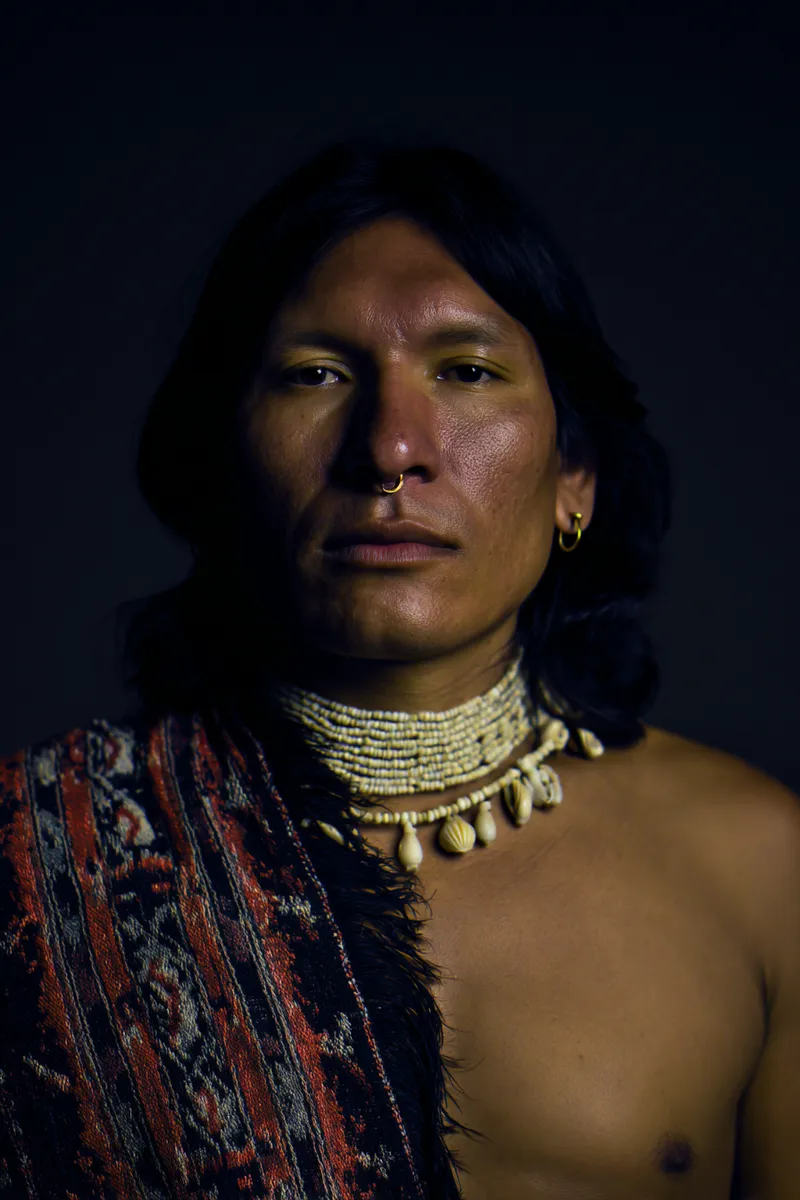 Retrato de un hombre con cabello largo y oscuro, arete dorado, un collar de cuentas y conchas, y una manta a rayas rojas y negras cubriéndole un hombro, contra fondo oscuro.