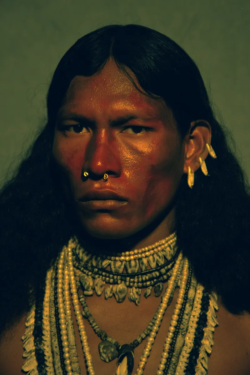 Retrato de un hombre con cabello largo, dos aros dorados en el tabique nasal, un arete colgante y varios collares de cuentas y conchas rematados en un colgante grande, sobre fondo verde oliva.