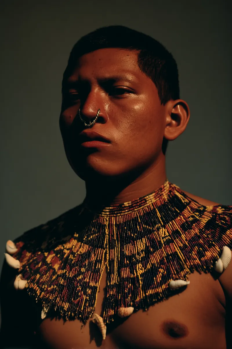 Retrato de un hombre de cabello corto con aro dorado en el tabique nasal y un amplio collar de cuentas que le cubre el pecho como un peto, sobre fondo oscuro.