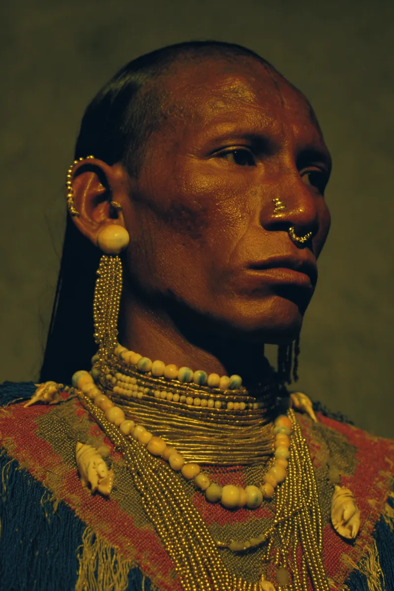 Retrato de un hombre de cabello largo con arete colgante de cuentas y conchas, varios collares dorados y un manto tejido con conchas cosidas sobre los hombros, contra fondo oscuro verdoso.