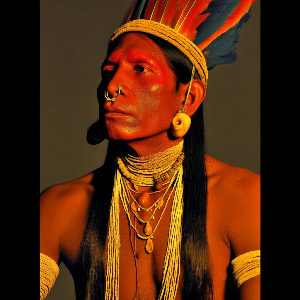 Retrato de un hombre con un tocado de plumas rojas y azules, vincha dorada, aro en el tabique nasal, collares dorados y brazaletes de cuentas, con el torso descubierto, contra fondo oscuro.