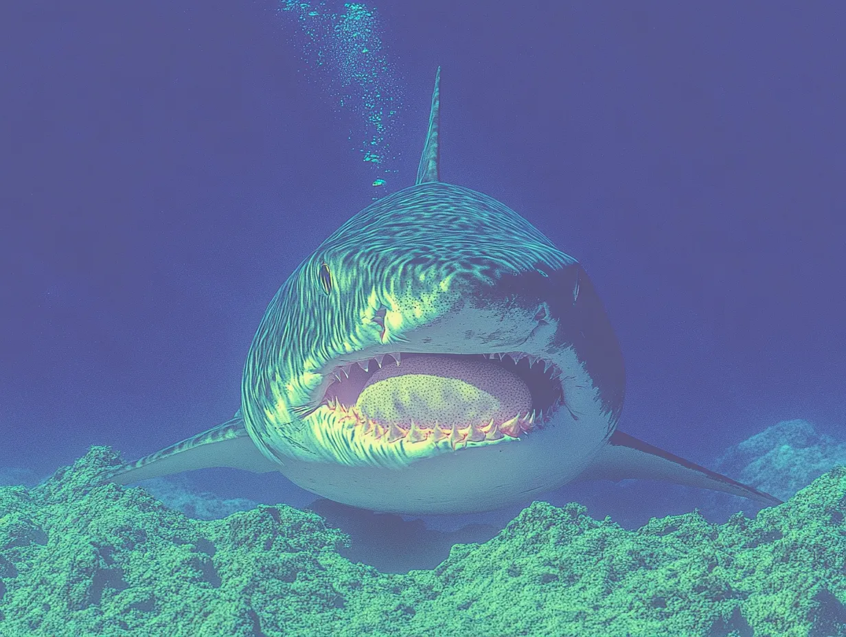 Cabeza de un tiburón vista de frente bajo el agua, con la boca abierta mostrando los dientes, en tonos azules y verdes, sobre un fondo de coral y con burbujas subiendo desde arriba.