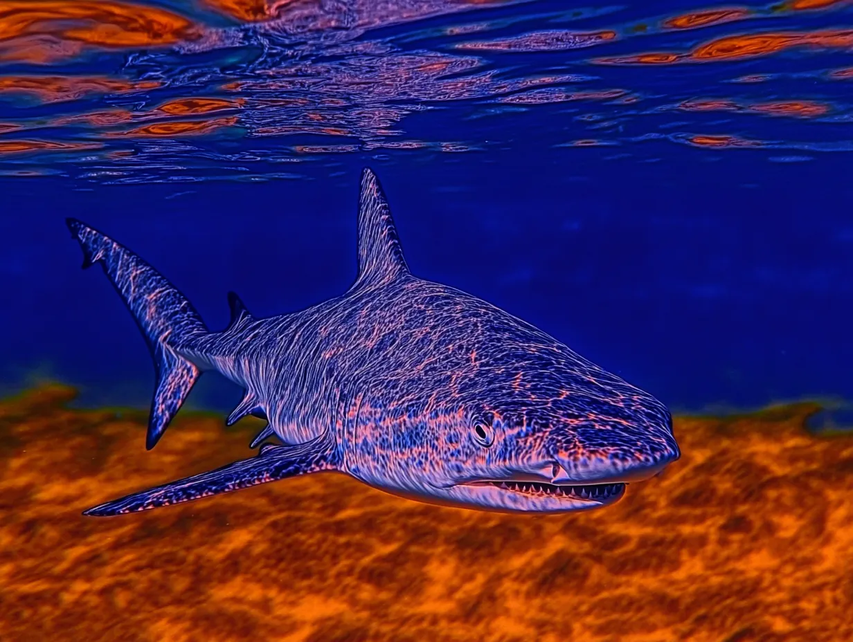 Un tiburón nadando cerca de la superficie del mar sobre un arrecife de coral anaranjado, con el agua azul oscuro y el reflejo del arrecife visible en la superficie.