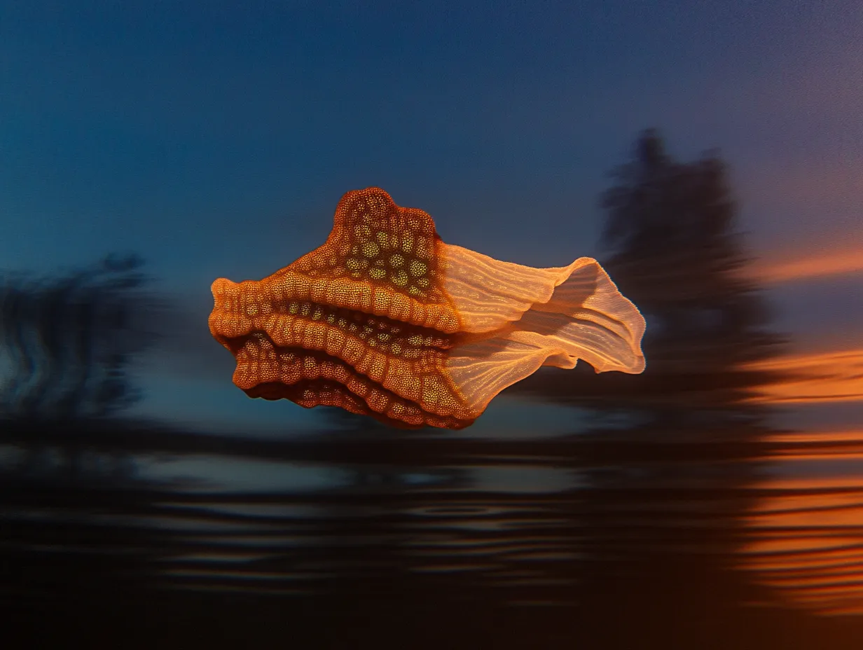 Una forma parecida a una concha o estrella de mar, de color naranja y textura rugosa con pliegues claros, flotando en el aire sobre un lago al atardecer, con árboles en silueta al fondo.