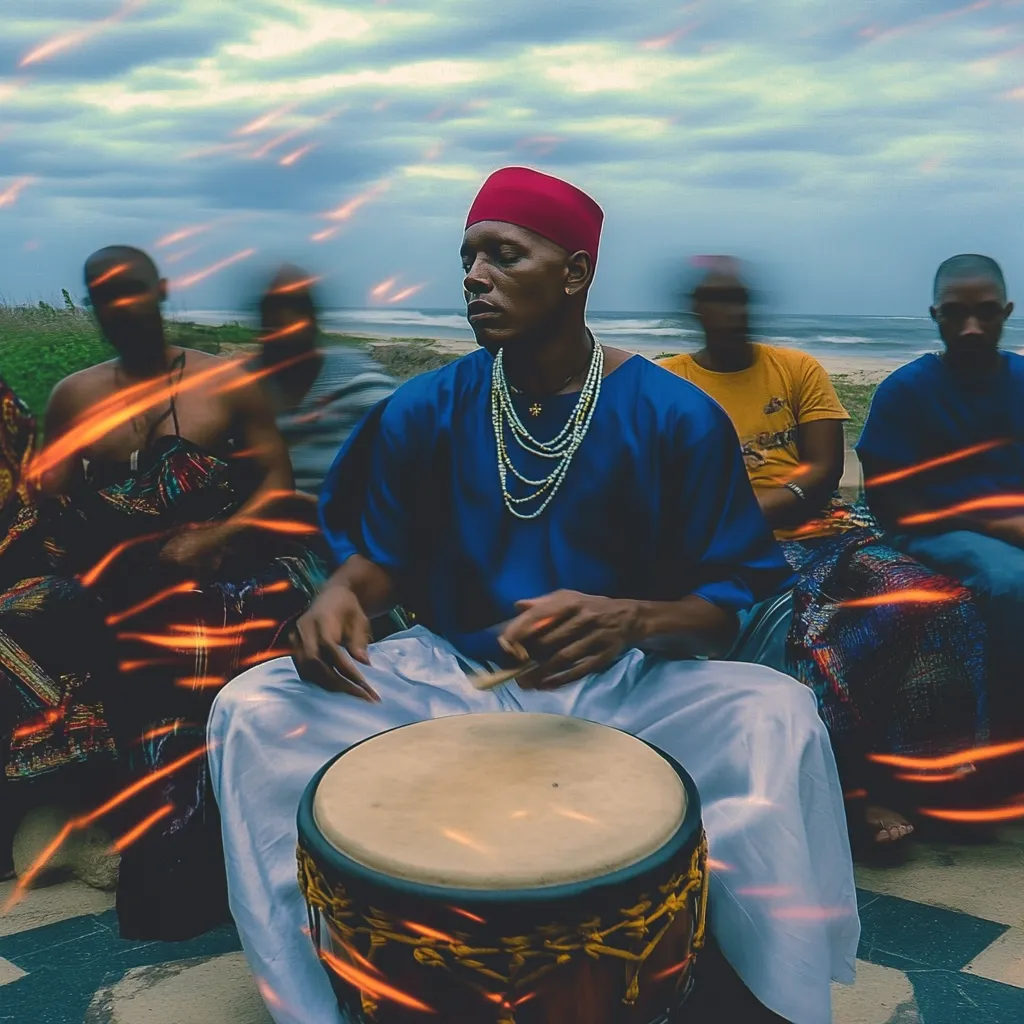 Un hombre con gorro rojo y camisa azul toca un tambor djembe sentado en una playa, rodeado de otras personas borrosas por el movimiento, con estelas de luz naranja y el mar y el cielo nublado al fondo.