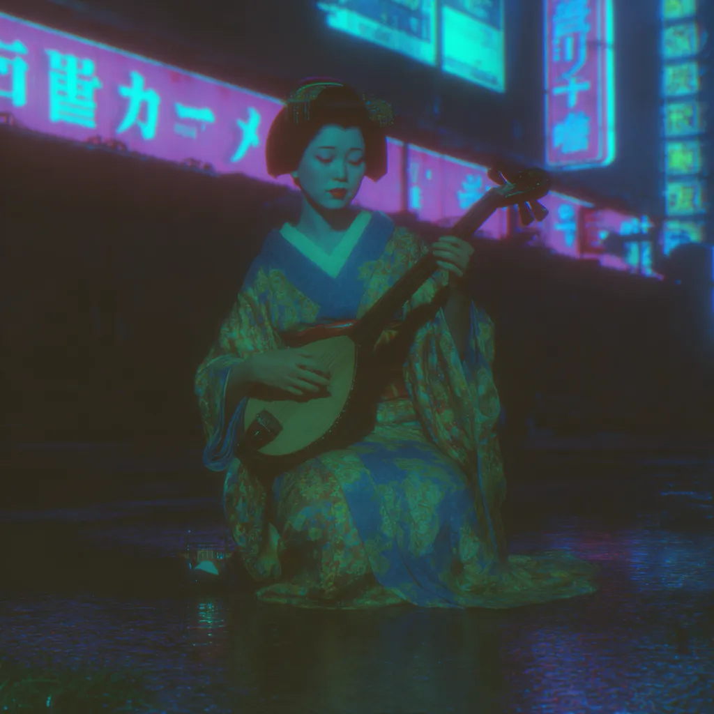 Una mujer vestida con kimono tradicional toca un instrumento de cuerda japonés sentada en una calle nocturna iluminada por letreros de neón azules y rosados con caracteres japoneses.