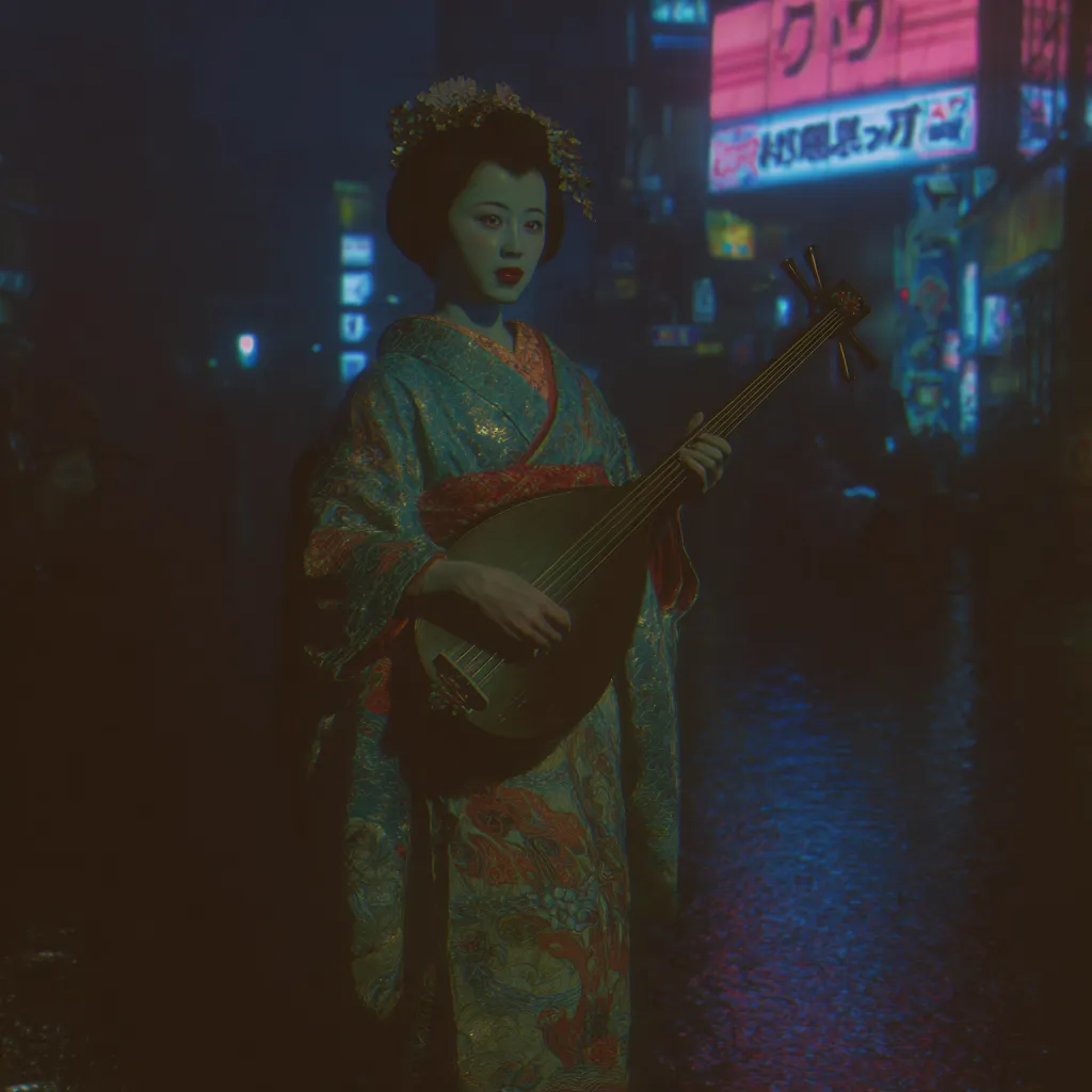 Una mujer con kimono y maquillaje tradicional japonés sostiene un instrumento de cuerda de pie en una calle nocturna oscura, iluminada por un letrero de neón rosado con caracteres japoneses.