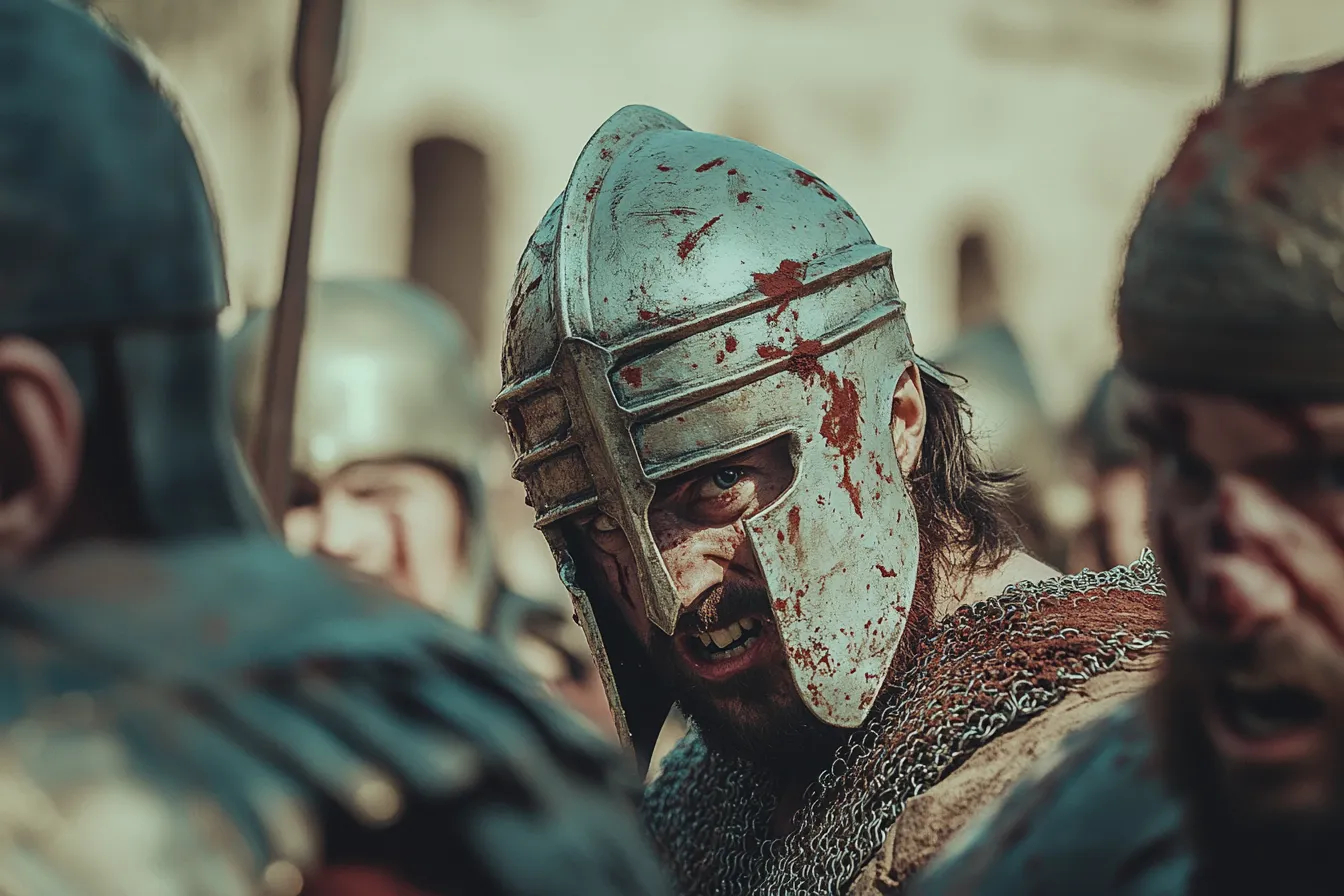 Primer plano de un guerrero con casco de metal manchado de sangre y gesto de furia, rodeado de otros soldados armados en una escena de batalla campal.