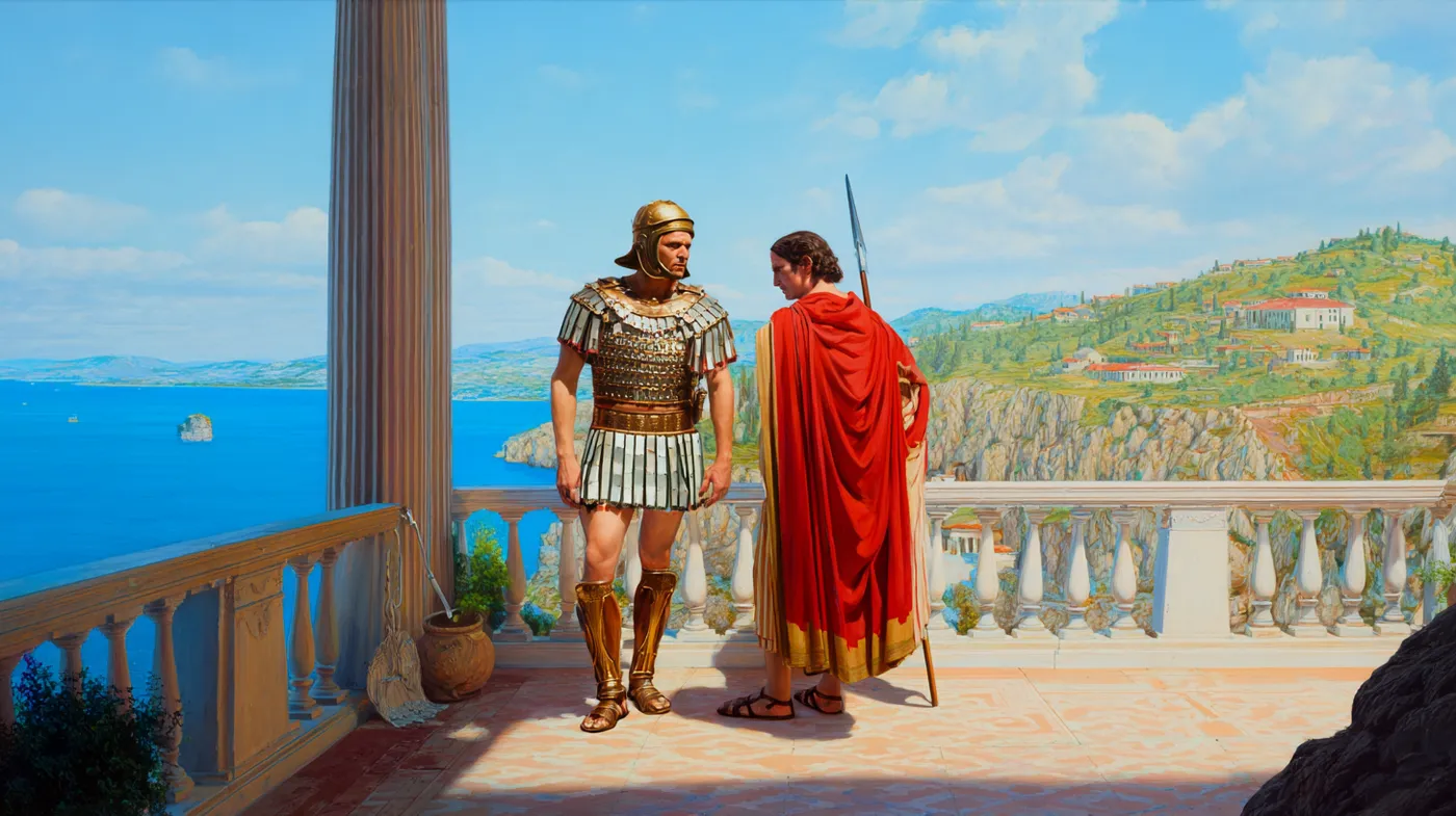 Dos hombres vestidos con armadura y capa de estilo de la antigüedad clásica conversan de pie en una terraza con columnas, con vista a una bahía, un pueblo costero y colinas verdes al fondo.