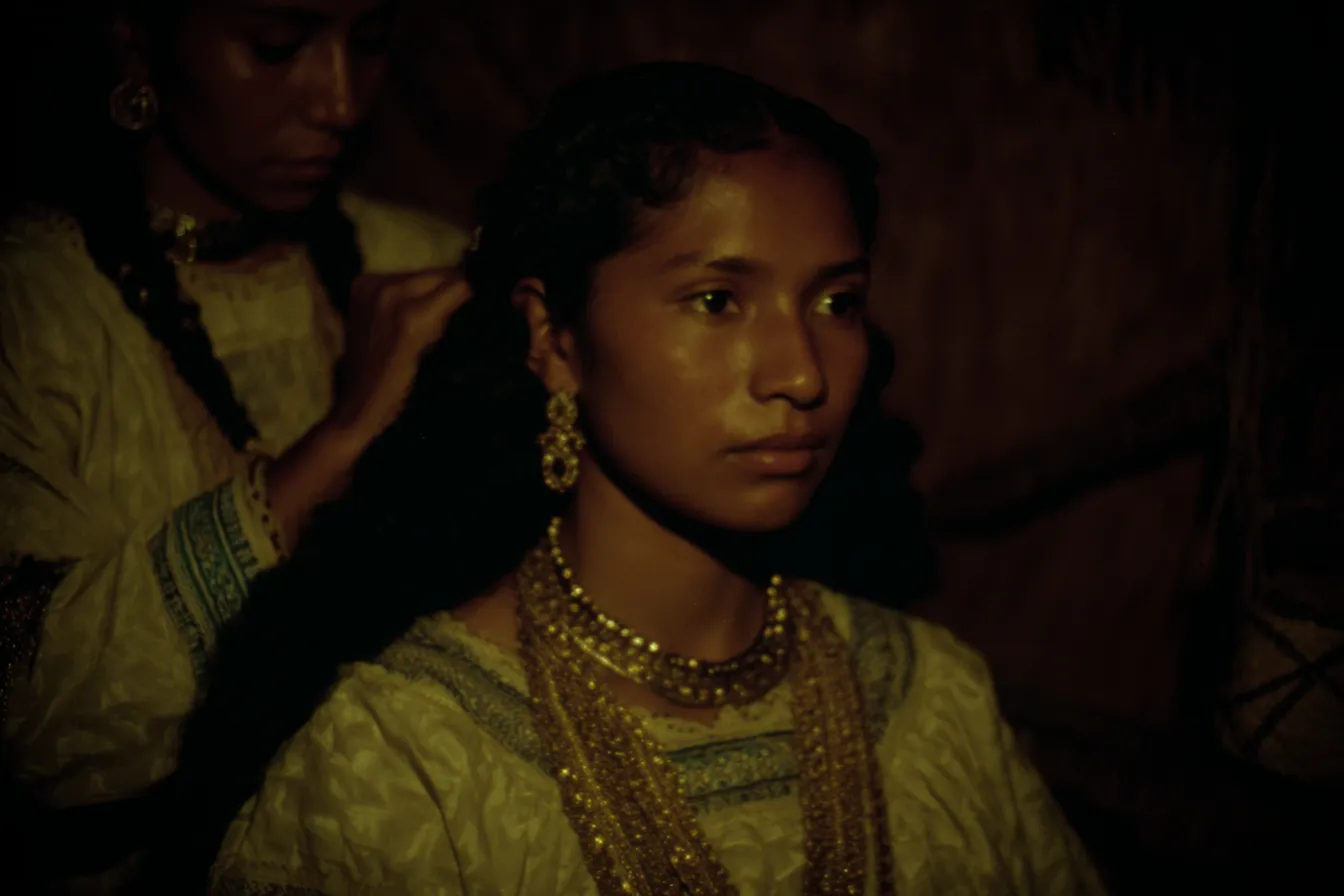 Una joven indígena con varios collares de cuentas doradas y aretes mira al frente en un interior iluminado con luz cálida, mientras otra persona detrás le trenza el cabello, con paredes de paja al fondo.