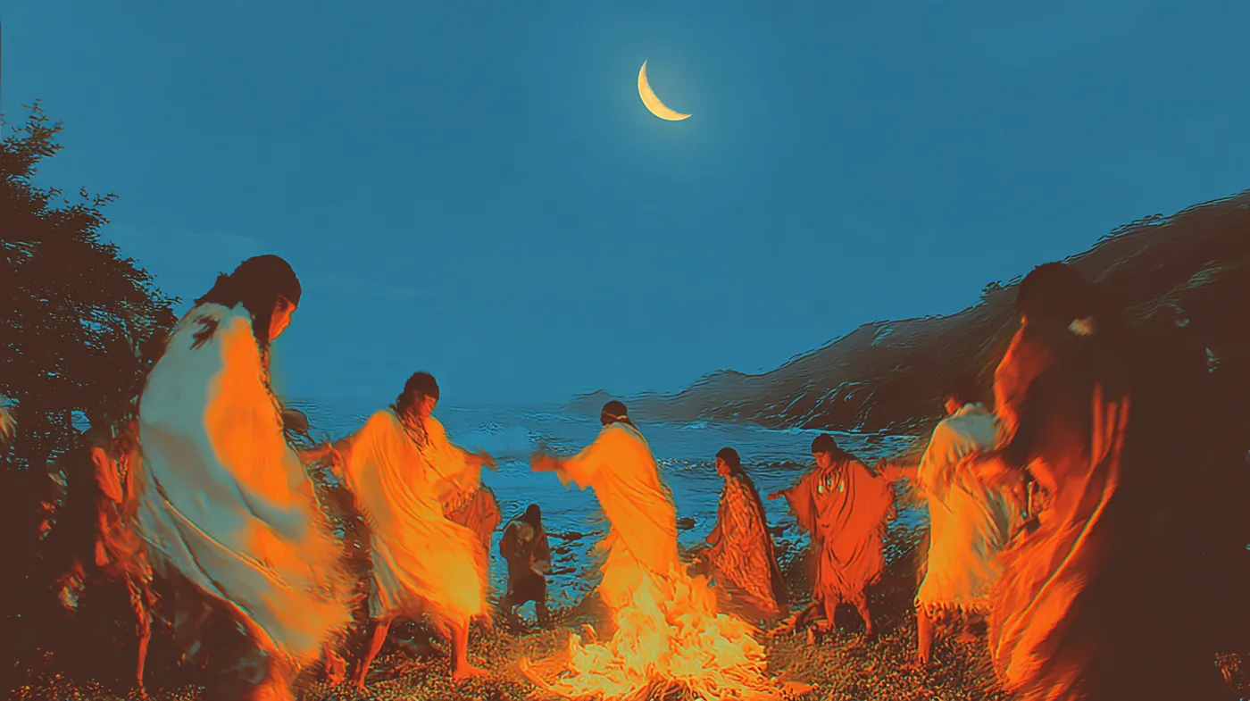 Un grupo de personas envueltas en mantos de color naranja y cobre de pie alrededor de una fogata en una playa de noche, con una luna creciente en el cielo y el mar y colinas oscuras al fondo.