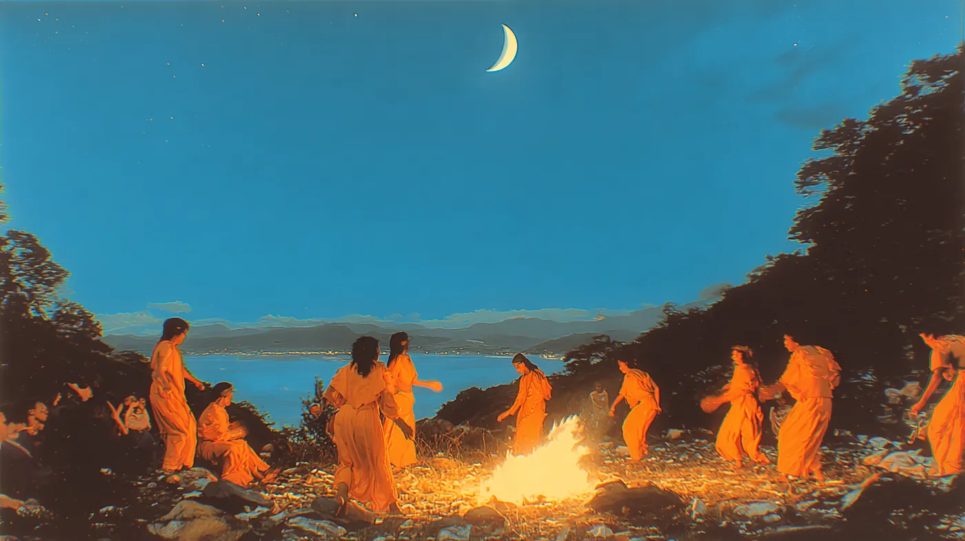 Un grupo de personas envueltas en mantos anaranjados forma un círculo alrededor de una fogata en una playa de noche, con árboles en silueta a ambos lados, el mar al fondo y una luna creciente en el cielo.
