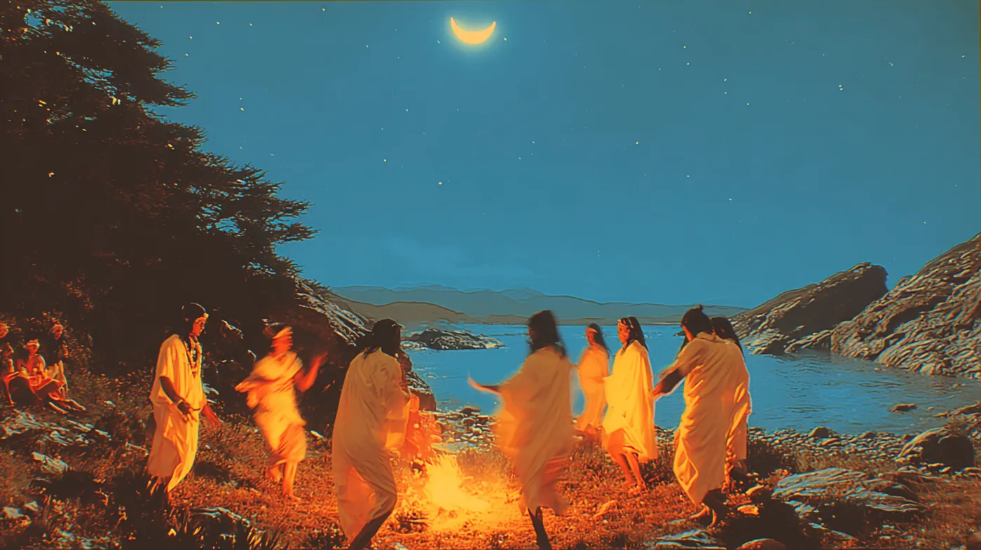 Un grupo de personas con túnicas claras baila en círculo alrededor de una hoguera en una zona rocosa junto al mar, de noche, bajo una luna creciente y un cielo azul oscuro con estrellas, con montañas al fondo.