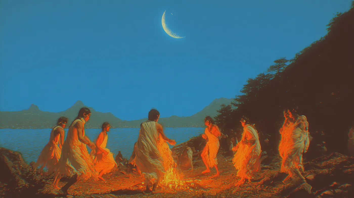 Un grupo de personas con túnicas claras baila alrededor de una fogata en una franja de tierra junto al mar, de noche, con una luna creciente en el cielo azul oscuro y colinas oscuras alrededor.