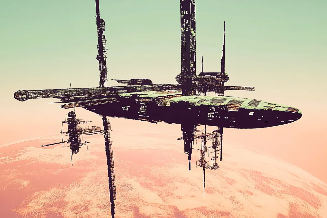 Una estación o nave espacial de estructura oscura con torres verticales flota sobre la superficie rojiza de un planeta desértico, bajo un cielo con degradado verde azulado.