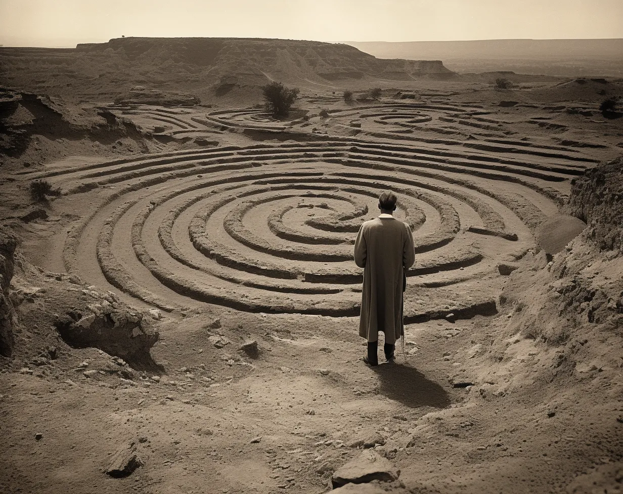 Un hombre con abrigo largo está de pie ante una gran espiral de surcos tallados en la tierra árida, con acantilados y una meseta al fondo, en una fotografía en tono sepia.