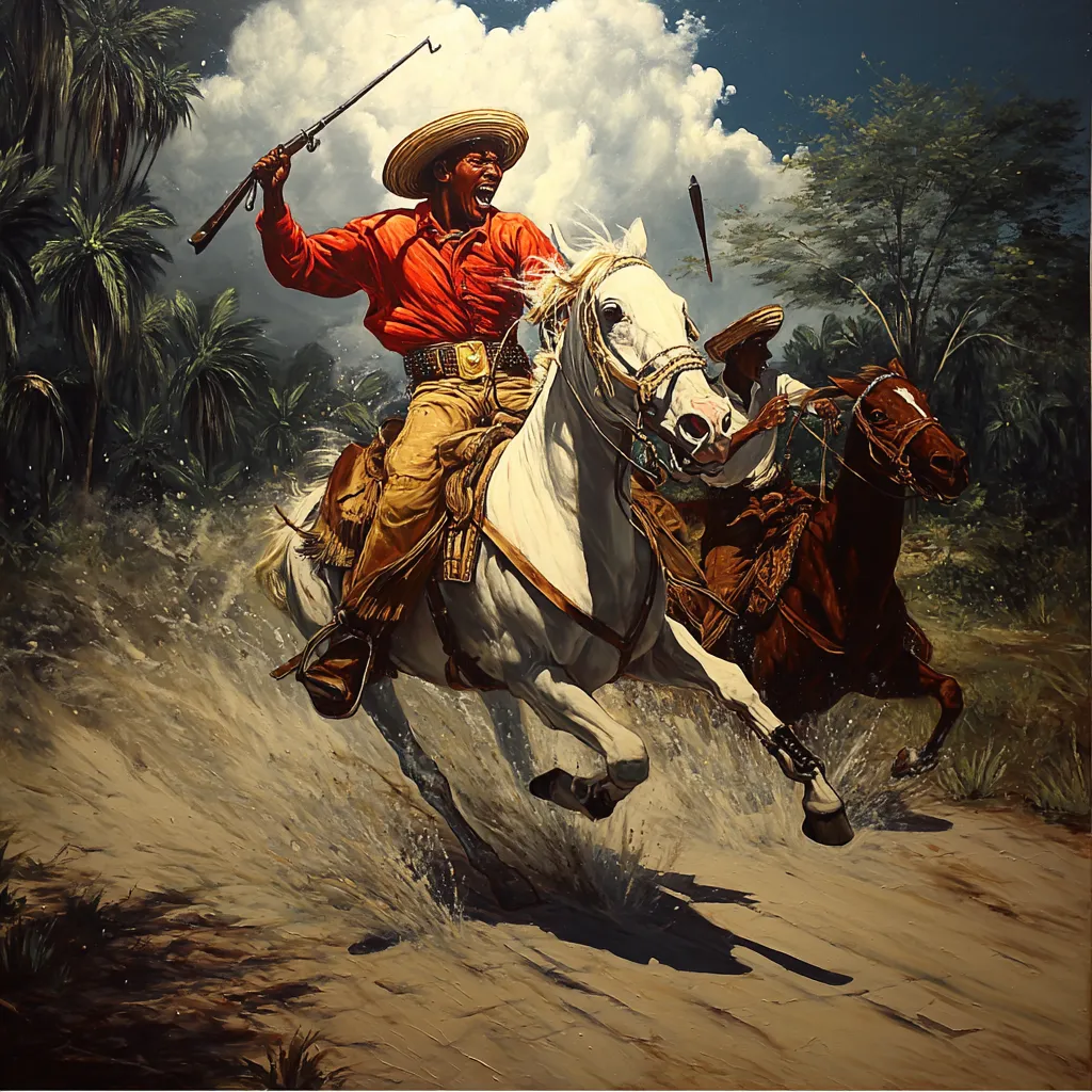 Un jinete con camisa roja y sombrero de paja galopa sobre un caballo blanco levantando un machete, con un segundo caballo detrás, entre vegetación tropical y un cielo con nubes oscuras.