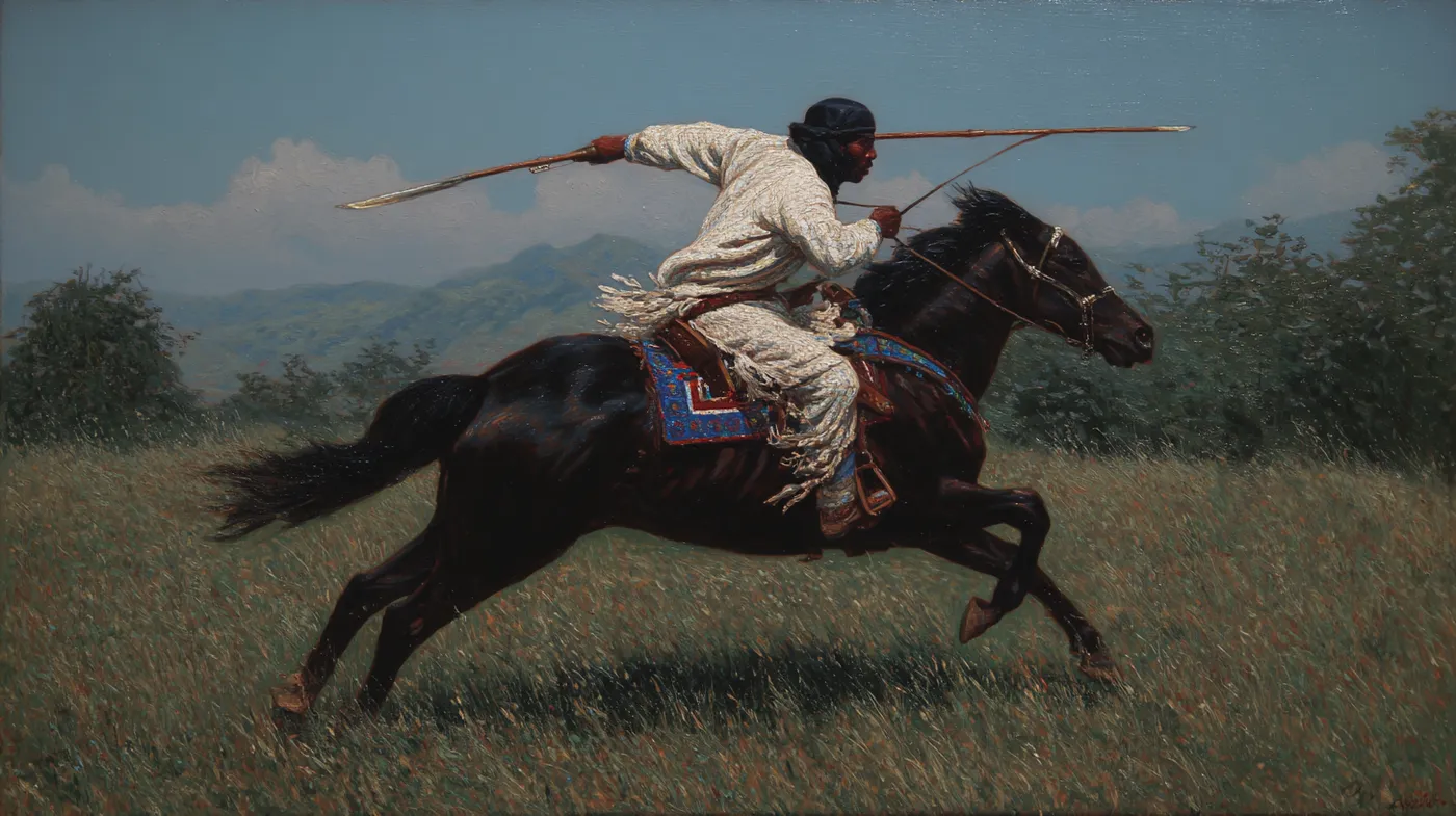 Un jinete vestido de blanco y sombrero de ala ancha cabalga sobre un caballo oscuro sosteniendo una lanza larga, atravesando una pradera con montañas al fondo bajo un cielo azul claro.
