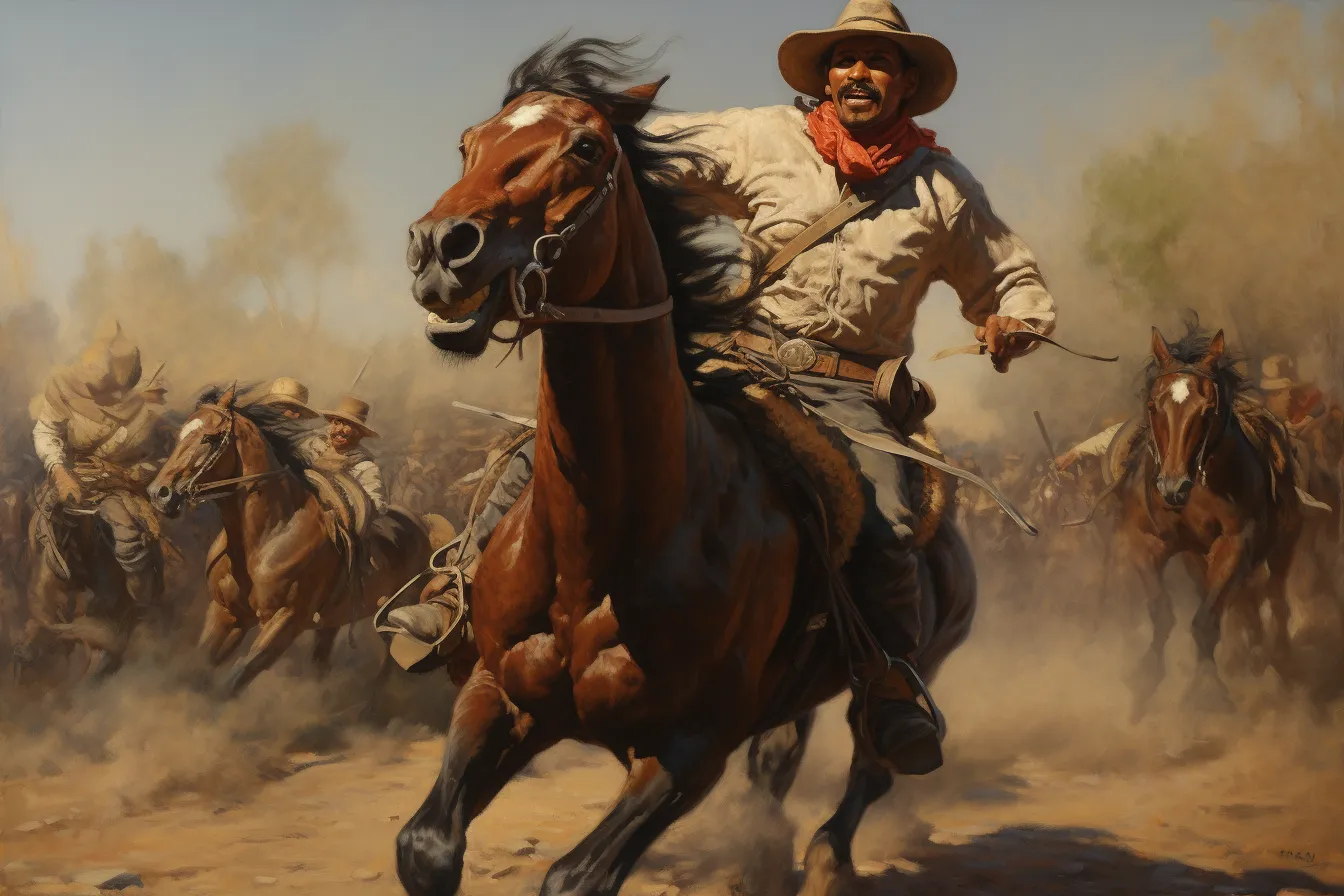Un grupo de jinetes con sombreros galopa entre una nube de polvo; el que va al frente lleva un pañuelo rojo al cuello y sostiene una cuerda, con árboles borrosos al fondo.