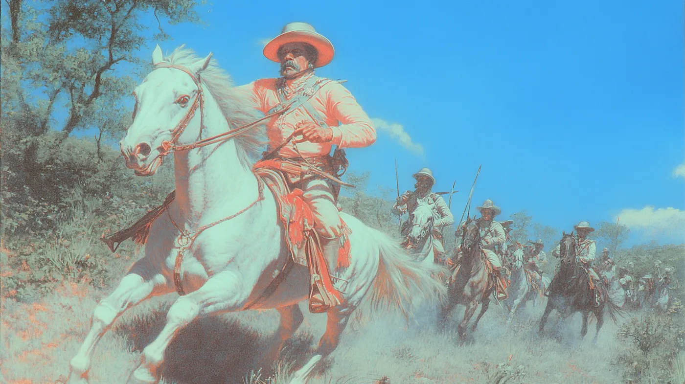 Un jinete con sombrero y faja naranja cruzada al pecho lidera a caballo blanco una carga de soldados armados con fusiles, levantando polvo bajo un cielo azul.