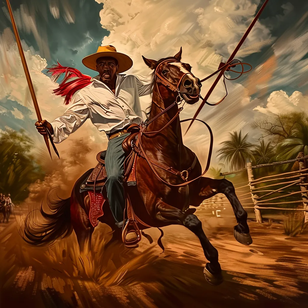 Un jinete con camisa roja y sombrero de paja cabalga sobre un caballo marrón sosteniendo una lanza con un penacho rojo, cerca de palmeras y una cerca de madera.