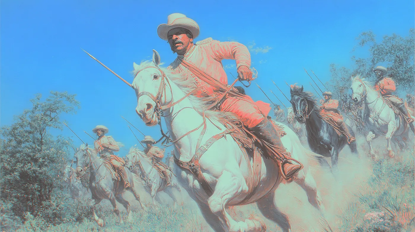 Un jinete con sombrero blanco carga a caballo sosteniendo una lanza apuntando hacia adelante, seguido por otros jinetes, bajo un cielo azul despejado.